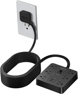 Flat Plug Extension Cord 15 Ft, TESSAN Surge Protector Power Strip with 6 Outlets and 3 USB (1 USB C) Ports, 1700J Protection, Desktop Black Long Power Cord for Indoor Home Office School Dorm Room