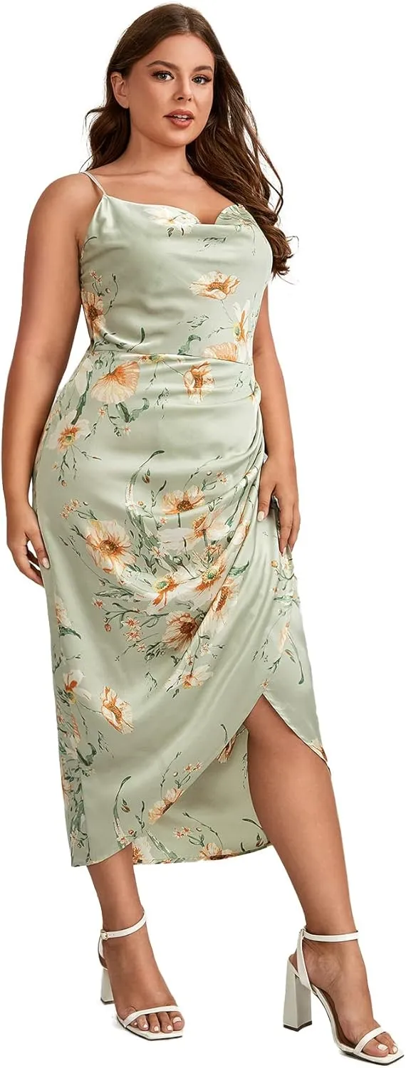 Floerns Women's Plus Size Satin Spaghetti Strap Cowl Neck Wrap Party Cami Dress