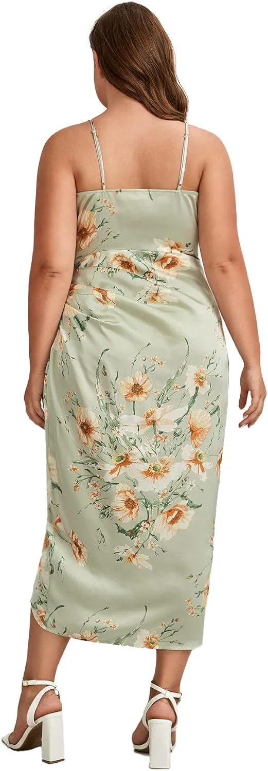 Floerns Women's Plus Size Satin Spaghetti Strap Cowl Neck Wrap Party Cami Dress