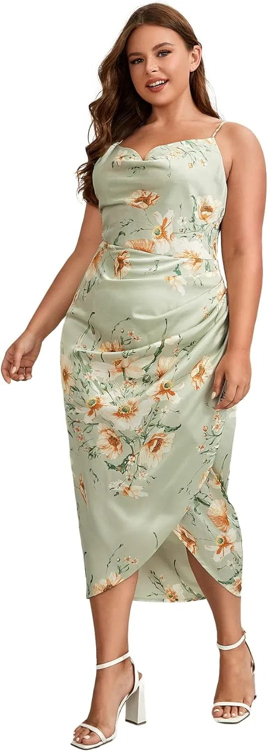 Floerns Women's Plus Size Satin Spaghetti Strap Cowl Neck Wrap Party Cami Dress