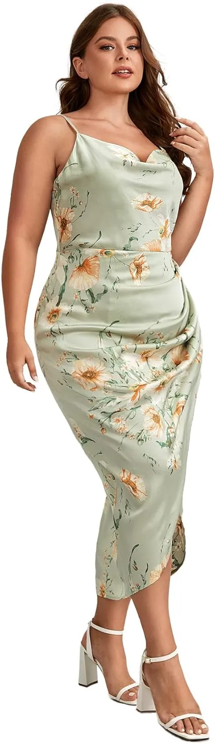 Floerns Women's Plus Size Satin Spaghetti Strap Cowl Neck Wrap Party Cami Dress