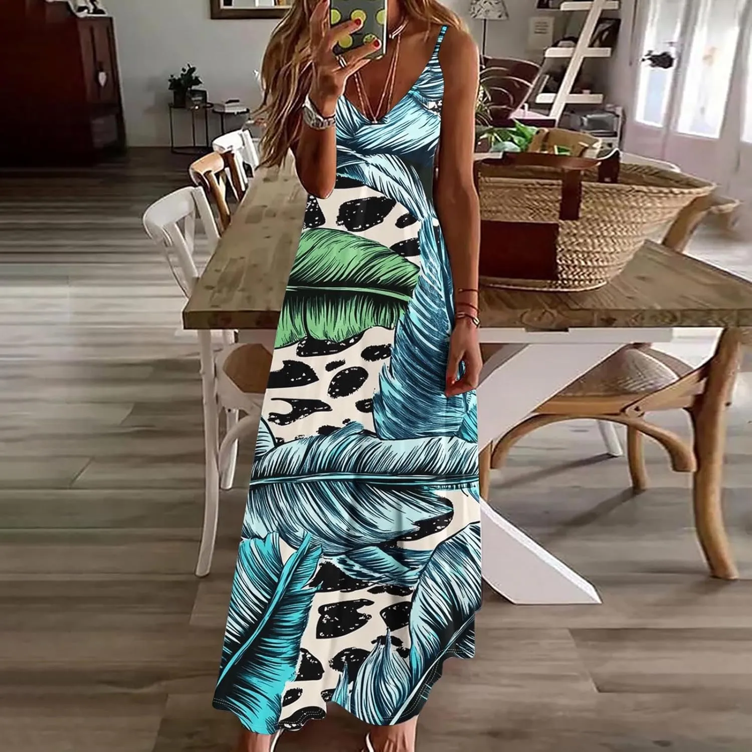 Floral Dress for Women Sexy Sleeveless Spaghetti Strap Boho Sundress Ruched Empire Waist V-Neck Maxi Dresses