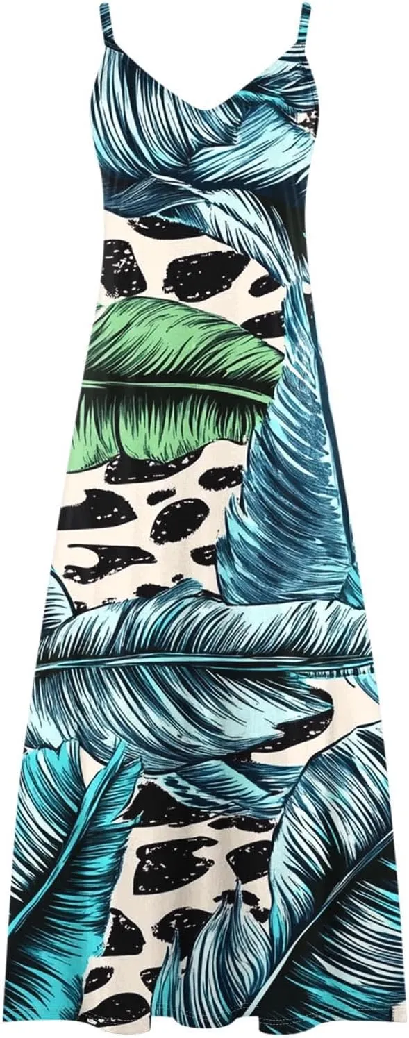 Floral Dress for Women Sexy Sleeveless Spaghetti Strap Boho Sundress Ruched Empire Waist V-Neck Maxi Dresses