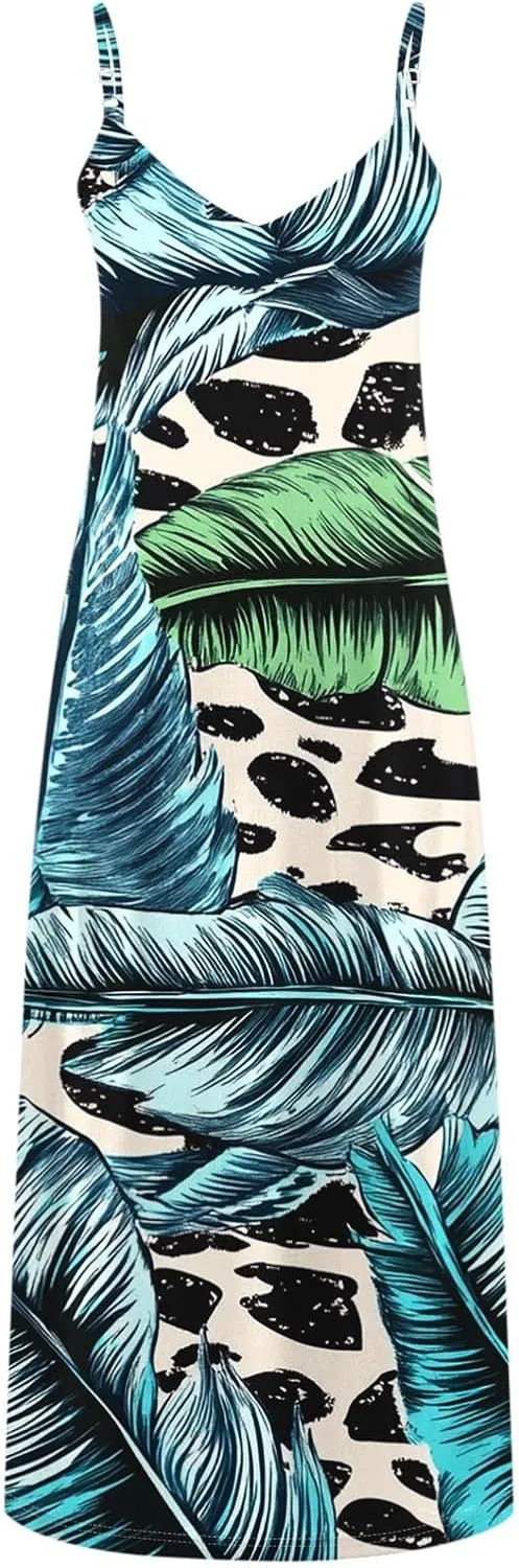 Floral Dress for Women Sexy Sleeveless Spaghetti Strap Boho Sundress Ruched Empire Waist V-Neck Maxi Dresses