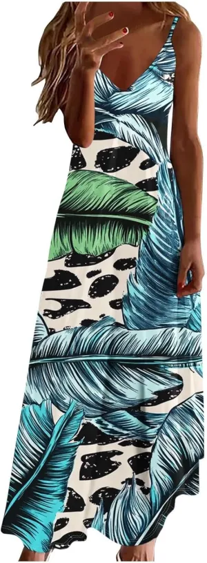 Floral Dress for Women Sexy Sleeveless Spaghetti Strap Boho Sundress Ruched Empire Waist V-Neck Maxi Dresses