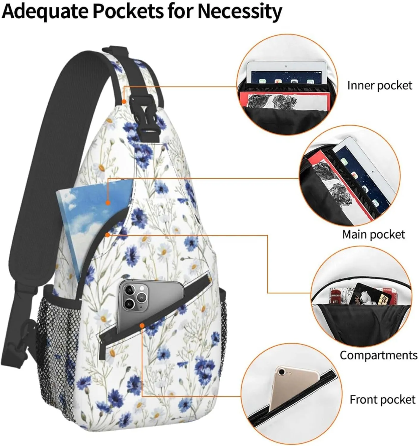 Flowers And Cornflowers Daisies Stylish Oblique Chest Pack, Leisure Backpack, Small Satchel, For Travel, Work, Daily Travel