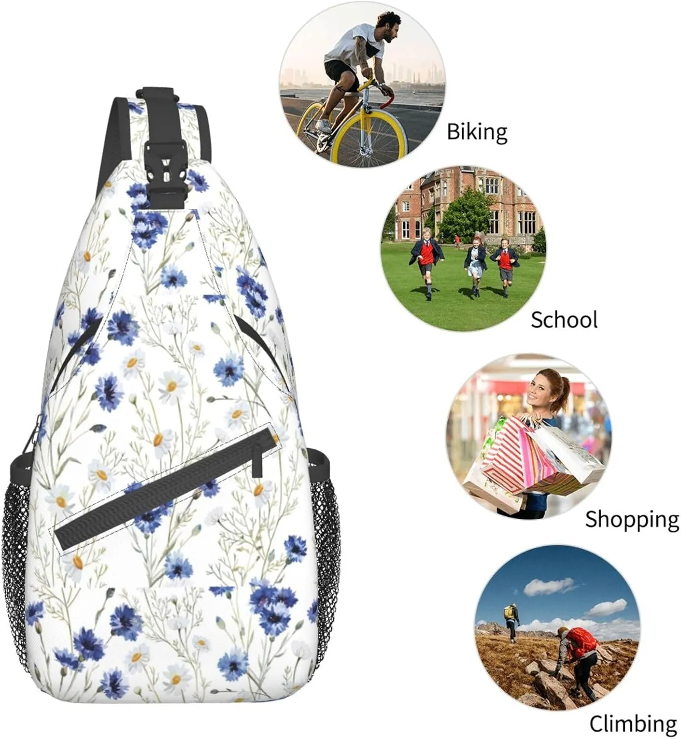 Flowers And Cornflowers Daisies Stylish Oblique Chest Pack, Leisure Backpack, Small Satchel, For Travel, Work, Daily Travel