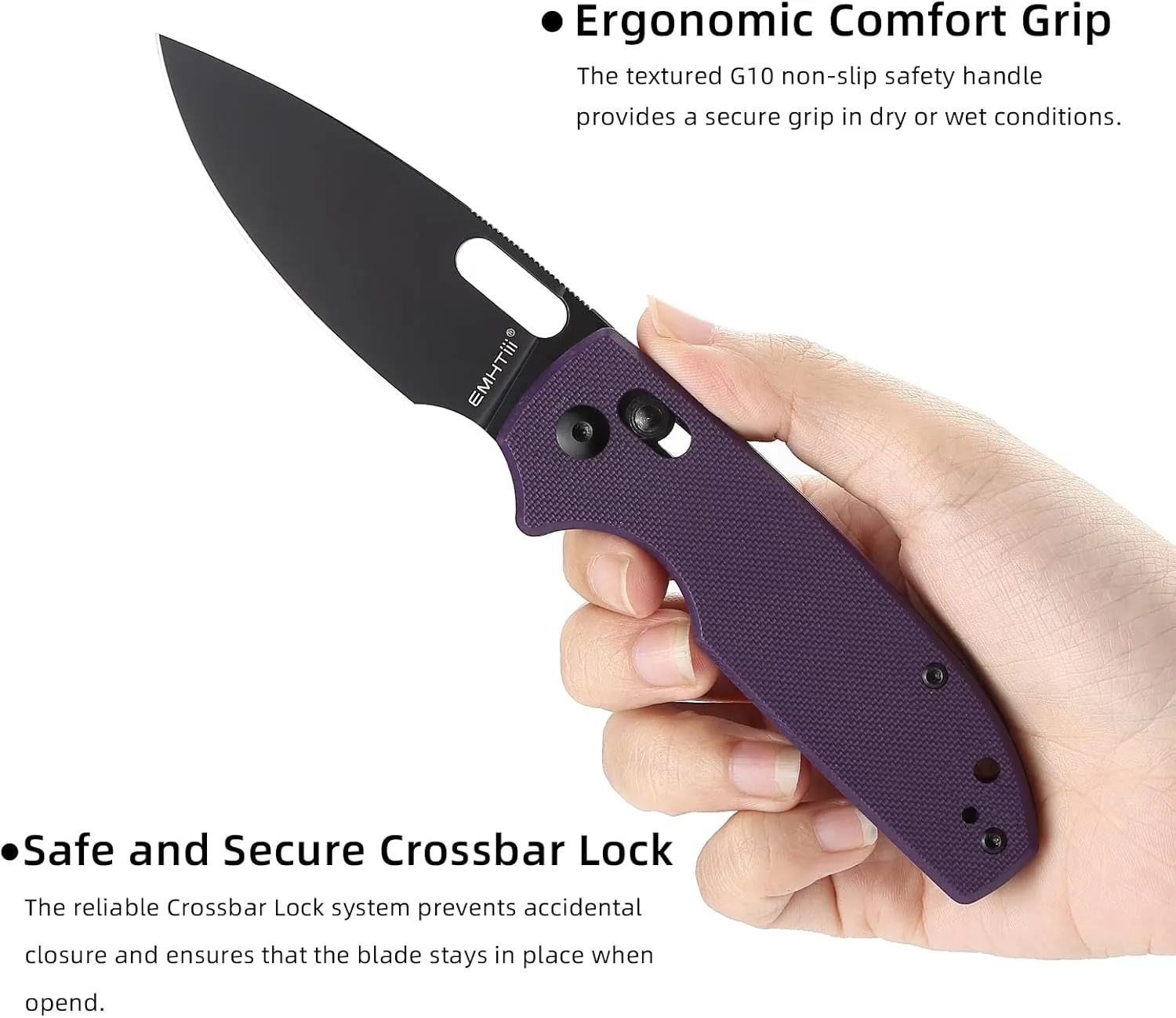 Folding Pocket Knife with Reversible Clip: 3.14" D2 Steel Black Drop Point Blade, Crossbar Axis Lock, G10 Handle Scales, Small EDC Knives Camping for Men Women, Thumb Hole, Purple