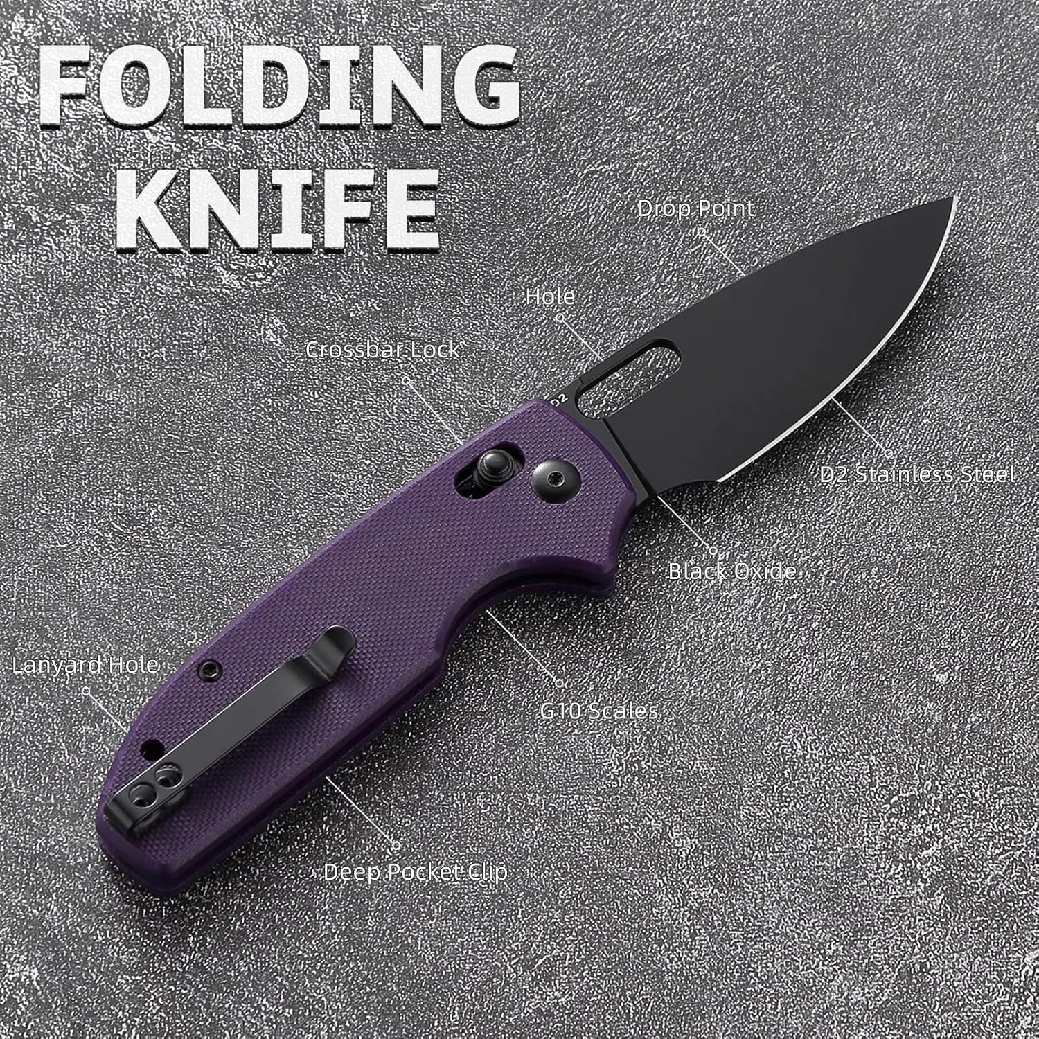 Folding Pocket Knife with Reversible Clip: 3.14" D2 Steel Black Drop Point Blade, Crossbar Axis Lock, G10 Handle Scales, Small EDC Knives Camping for Men Women, Thumb Hole, Purple