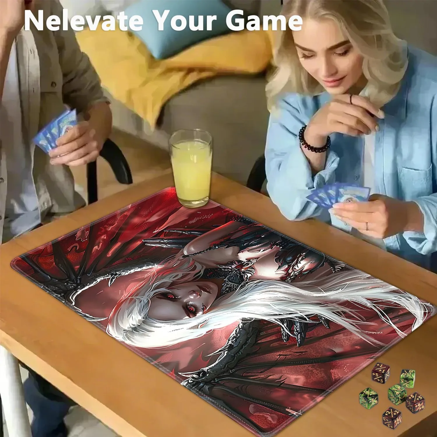 for MTG Playmat   Drawstring Travel Pouch   6 Dice Counter, for Tabletop Trading Card Game Playmats or Mouse Pad, Anti-Slip Rubber 24 x 14 in, Anime Warrior Girls for TCG Playmat (No with Zone)