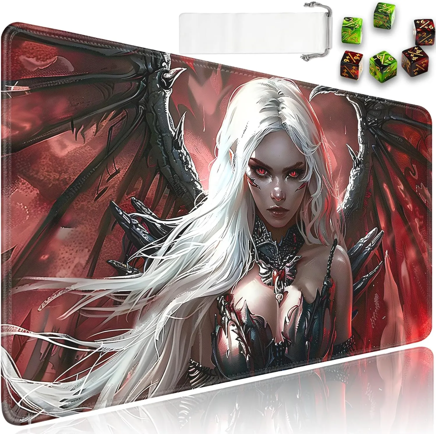 for MTG Playmat   Drawstring Travel Pouch   6 Dice Counter, for Tabletop Trading Card Game Playmats or Mouse Pad, Anti-Slip Rubber 24 x 14 in, Anime Warrior Girls for TCG Playmat (No with Zone)
