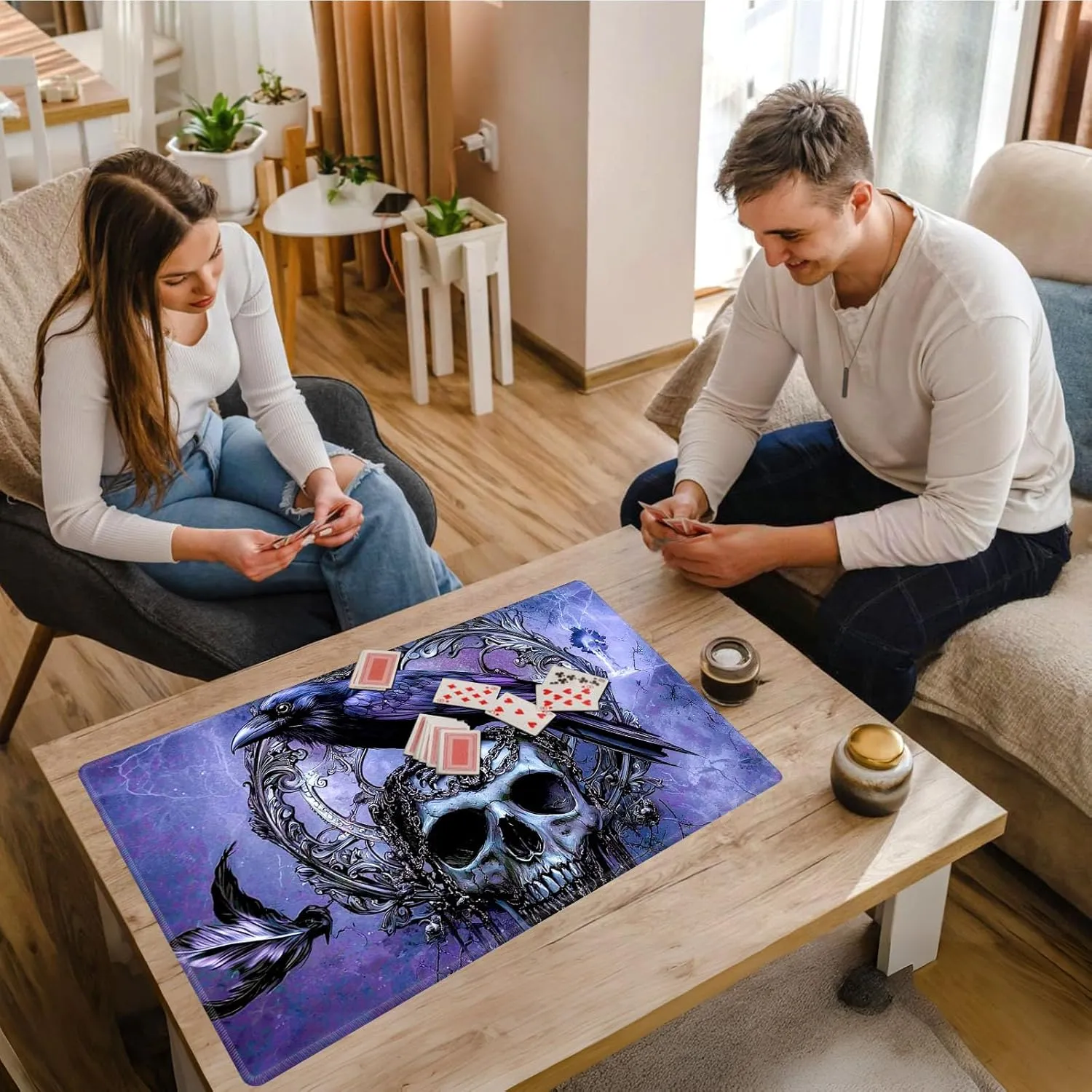 for MTG Playmat, Premium for Magic The Gathering Mat with Beautiful Patterns & Storage Bag for Game Players, Raven Skull 24 x 14 Inch for Card Game Mat