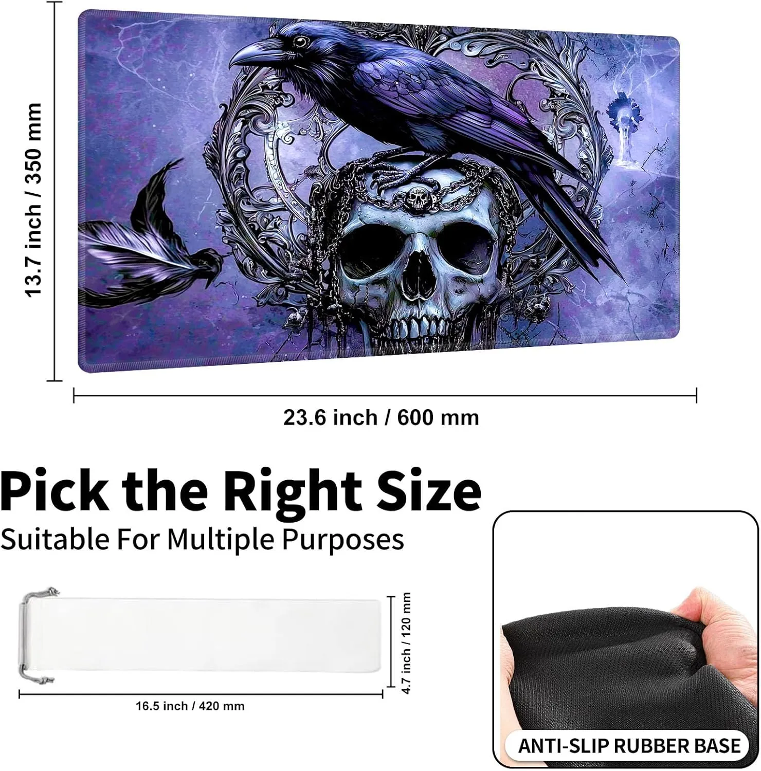 for MTG Playmat, Premium for Magic The Gathering Mat with Beautiful Patterns & Storage Bag for Game Players, Raven Skull 24 x 14 Inch for Card Game Mat