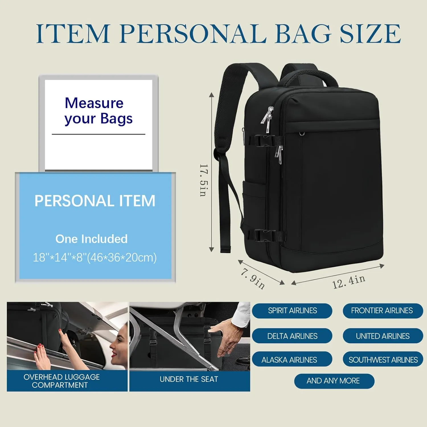 for Spirit Airlines Personal Item Bag 18x14x8 Inches Travel Bag Mens Travel Backpack for Women Fit Up to 17 inch laptop Backpack With Usb Charging Port Carry on Flight Approved