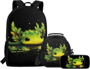 FOR U DESIGNS Axolotl Backpack for Girls 10-12 School Bag and Lunch Bag Set 3 in 1 Elementary Bookbag Set with Lunch Box 3rd Grade School Supplies Black Green