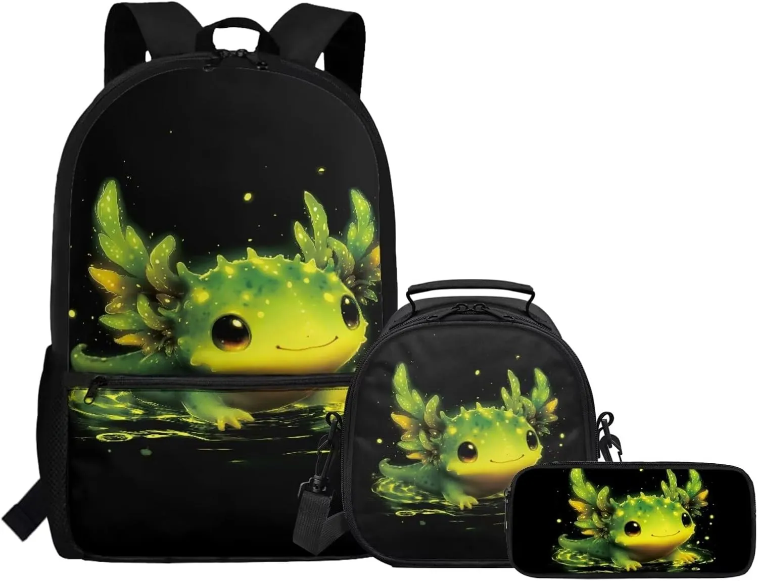 FOR U DESIGNS Axolotl Backpack for Girls 10-12 School Bag and Lunch Bag Set 3 in 1 Elementary Bookbag Set with Lunch Box 3rd Grade School Supplies Black Green