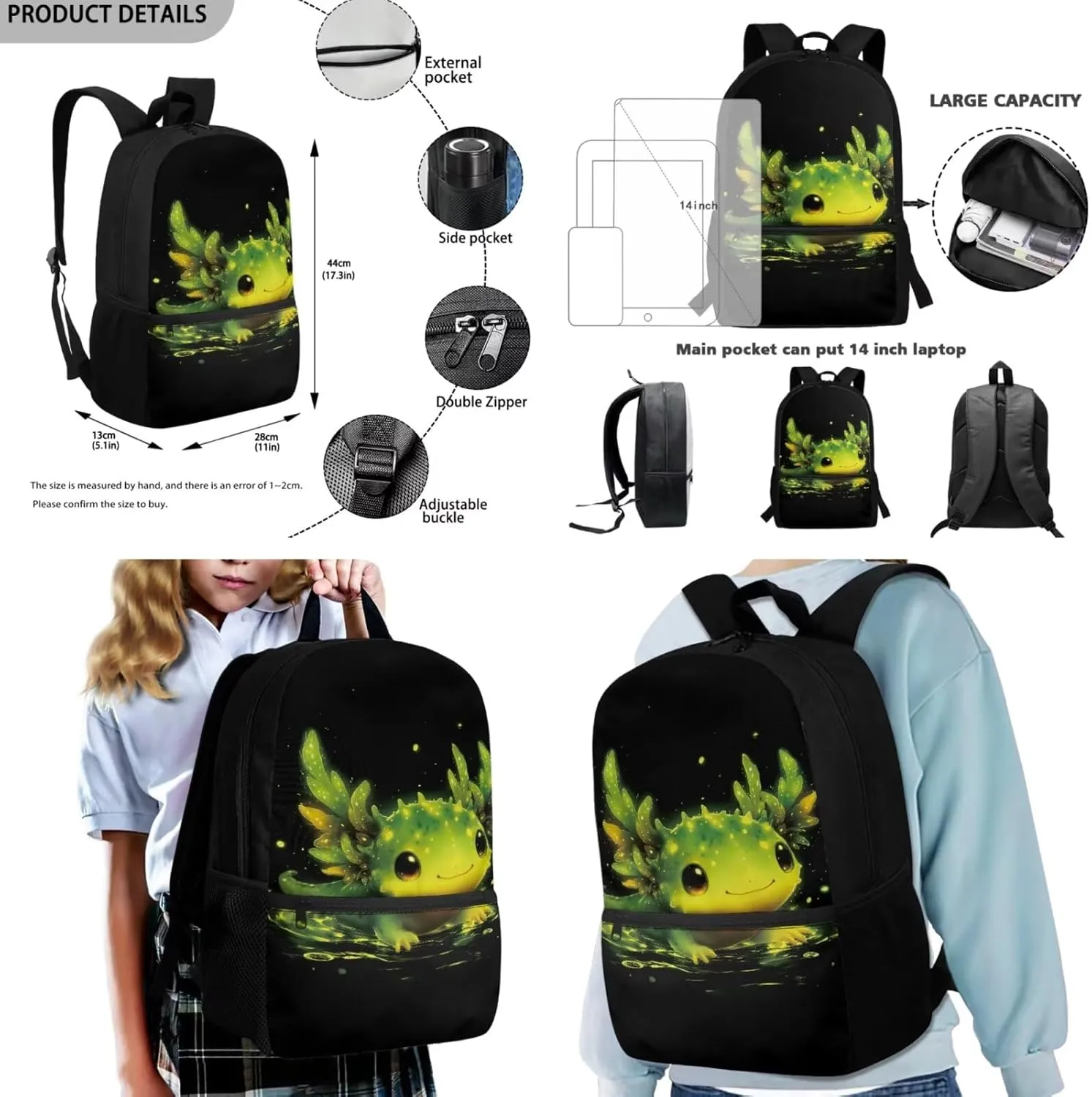 FOR U DESIGNS Axolotl Backpack for Girls 10-12 School Bag and Lunch Bag Set 3 in 1 Elementary Bookbag Set with Lunch Box 3rd Grade School Supplies Black Green