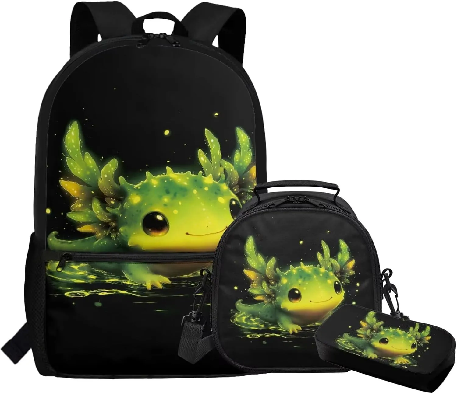 FOR U DESIGNS Axolotl Backpack for Girls 10-12 School Bag and Lunch Bag Set 3 in 1 Elementary Bookbag Set with Lunch Box 3rd Grade School Supplies Black Green
