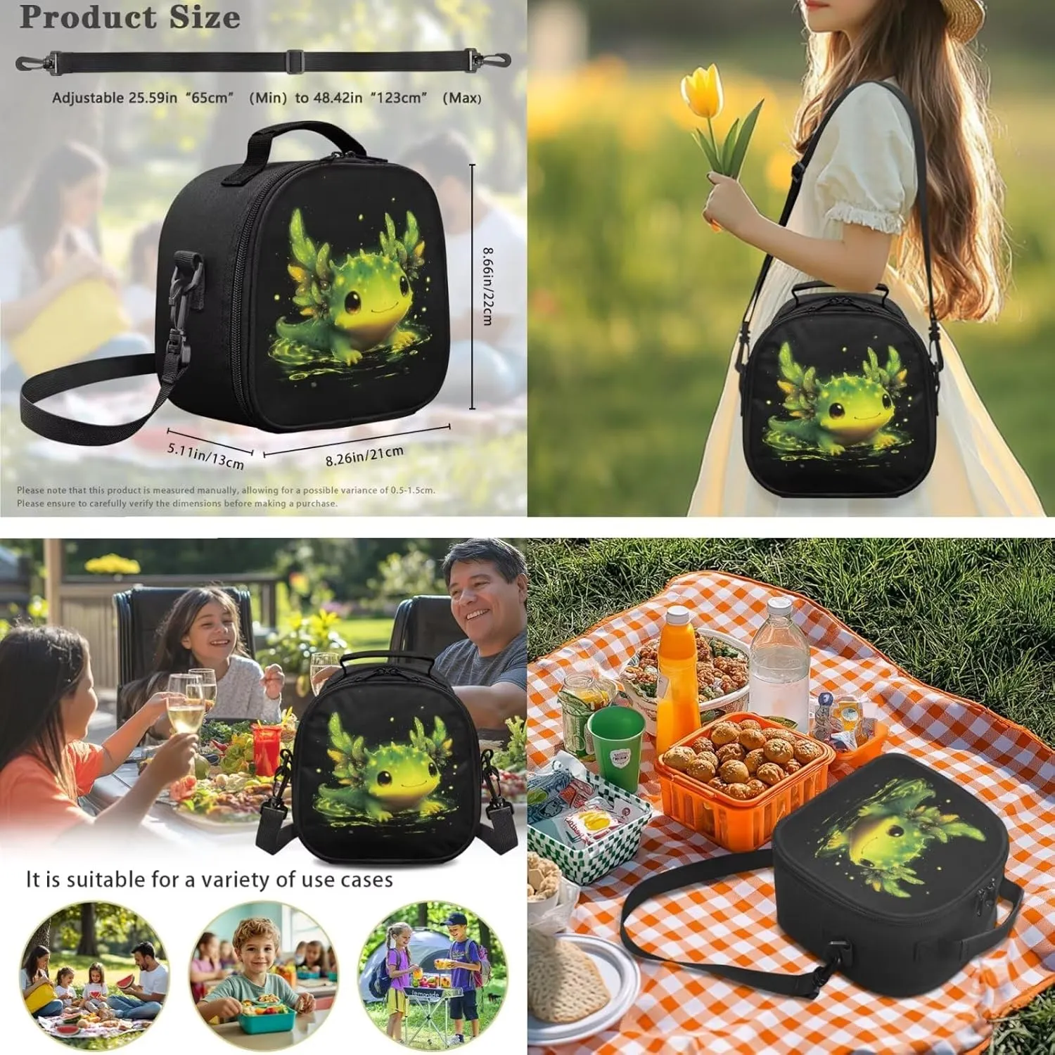 FOR U DESIGNS Axolotl Backpack for Girls 10-12 School Bag and Lunch Bag Set 3 in 1 Elementary Bookbag Set with Lunch Box 3rd Grade School Supplies Black Green