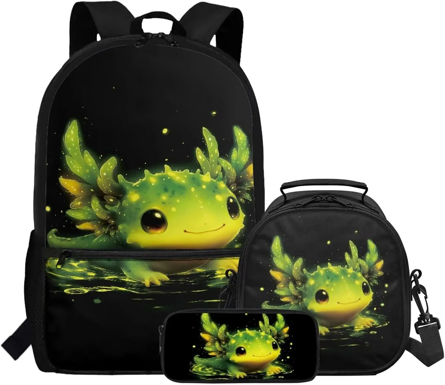 FOR U DESIGNS Axolotl Backpack for Girls 10-12 School Bag and Lunch Bag Set 3 in 1 Elementary Bookbag Set with Lunch Box 3rd Grade School Supplies Black Green