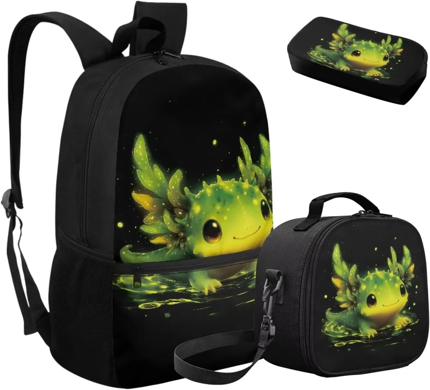 FOR U DESIGNS Axolotl Backpack for Girls 10-12 School Bag and Lunch Bag Set 3 in 1 Elementary Bookbag Set with Lunch Box 3rd Grade School Supplies Black Green