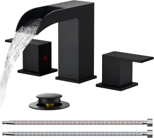 FORIOUS Square Matte Black Waterfall Bathroom Faucets 3 Hole, 8 Inch Widespread Bathroom Sink Faucet with Metal Pop-up Drain and Supply Lines, Two Handles for Vanity, Lavatory, Restroom
