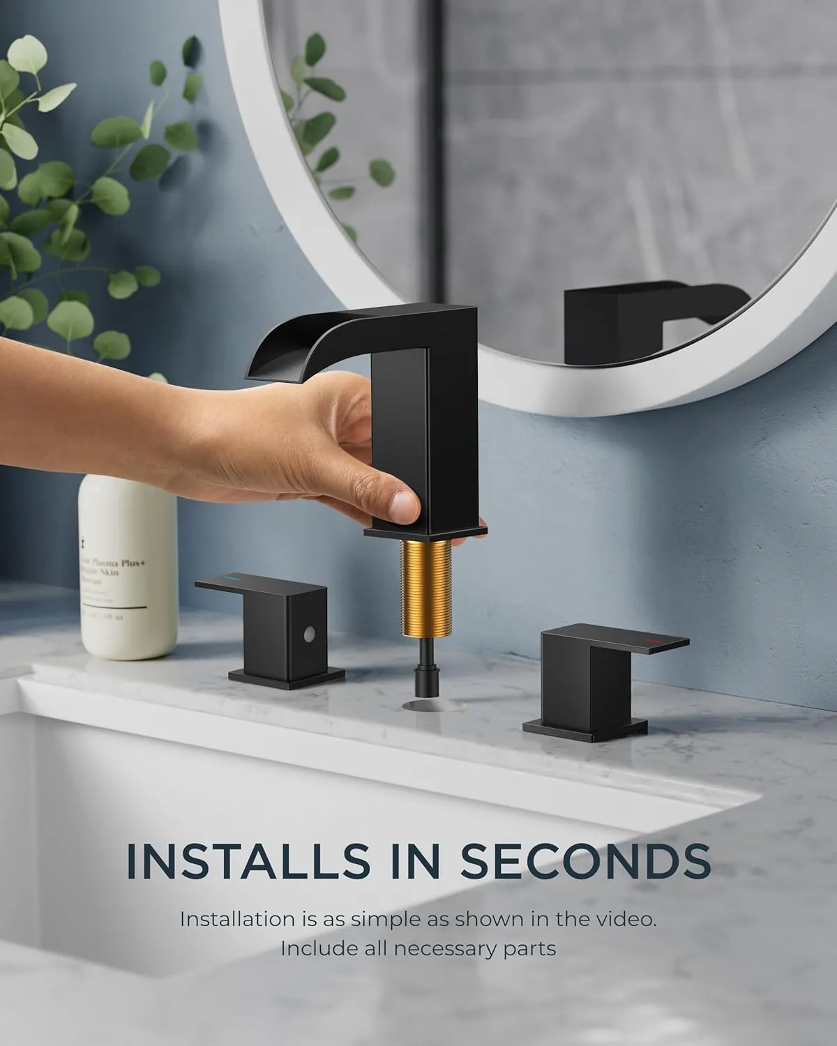 FORIOUS Square Matte Black Waterfall Bathroom Faucets 3 Hole, 8 Inch Widespread Bathroom Sink Faucet with Metal Pop-up Drain and Supply Lines, Two Handles for Vanity, Lavatory, Restroom