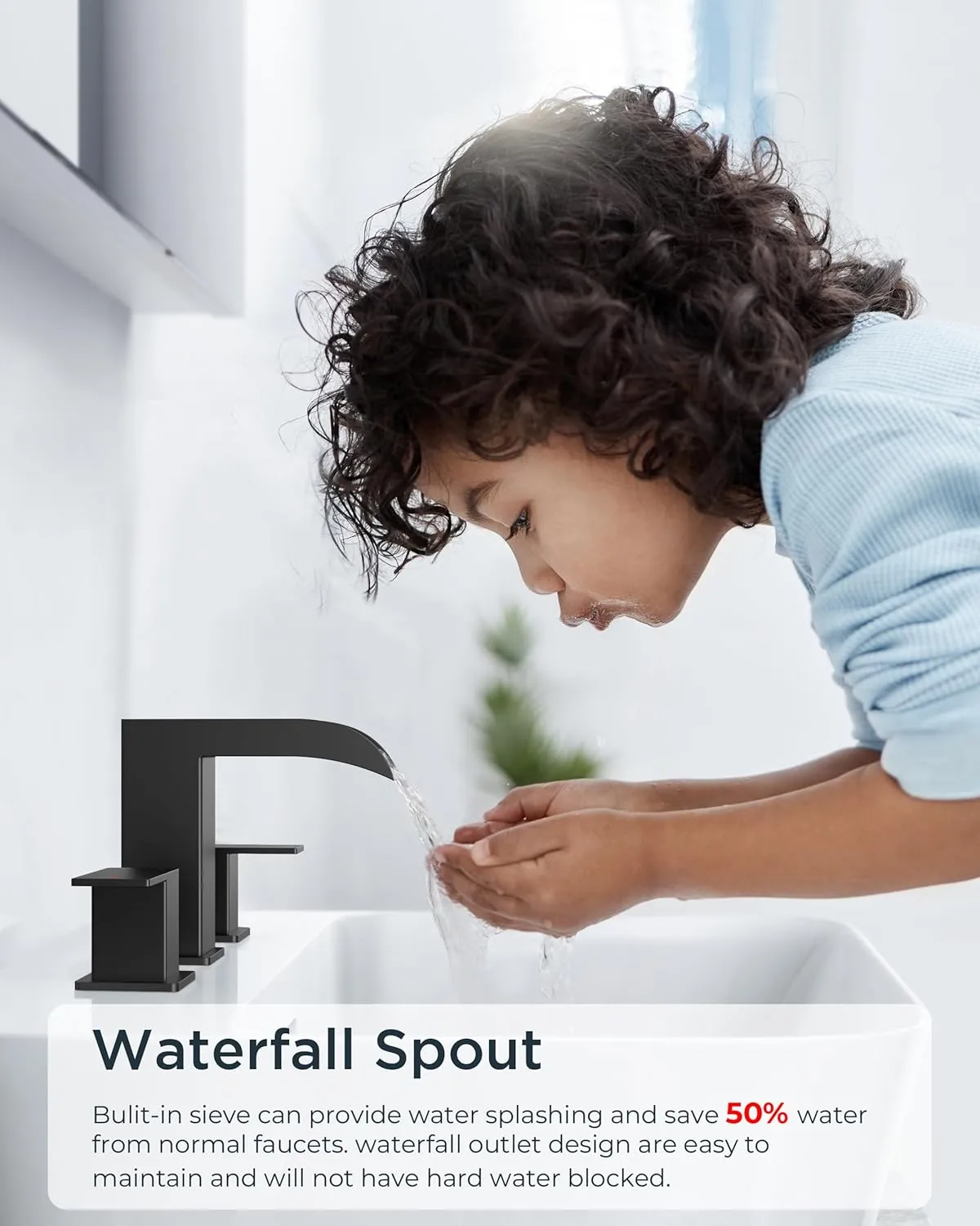FORIOUS Square Matte Black Waterfall Bathroom Faucets 3 Hole, 8 Inch Widespread Bathroom Sink Faucet with Metal Pop-up Drain and Supply Lines, Two Handles for Vanity, Lavatory, Restroom