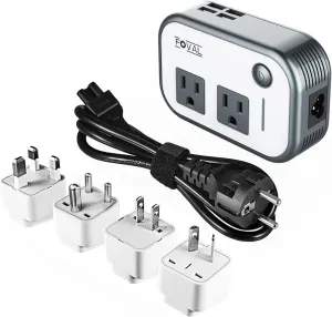 FOVAL Power Step Down 220V to 110V Travel Voltage Converter International Power Adapter for Hair Straightener/Curling Iron with 4-Port USB Charging US/UK/AU/IT/EU Universal Plug Adapter (Gray)
