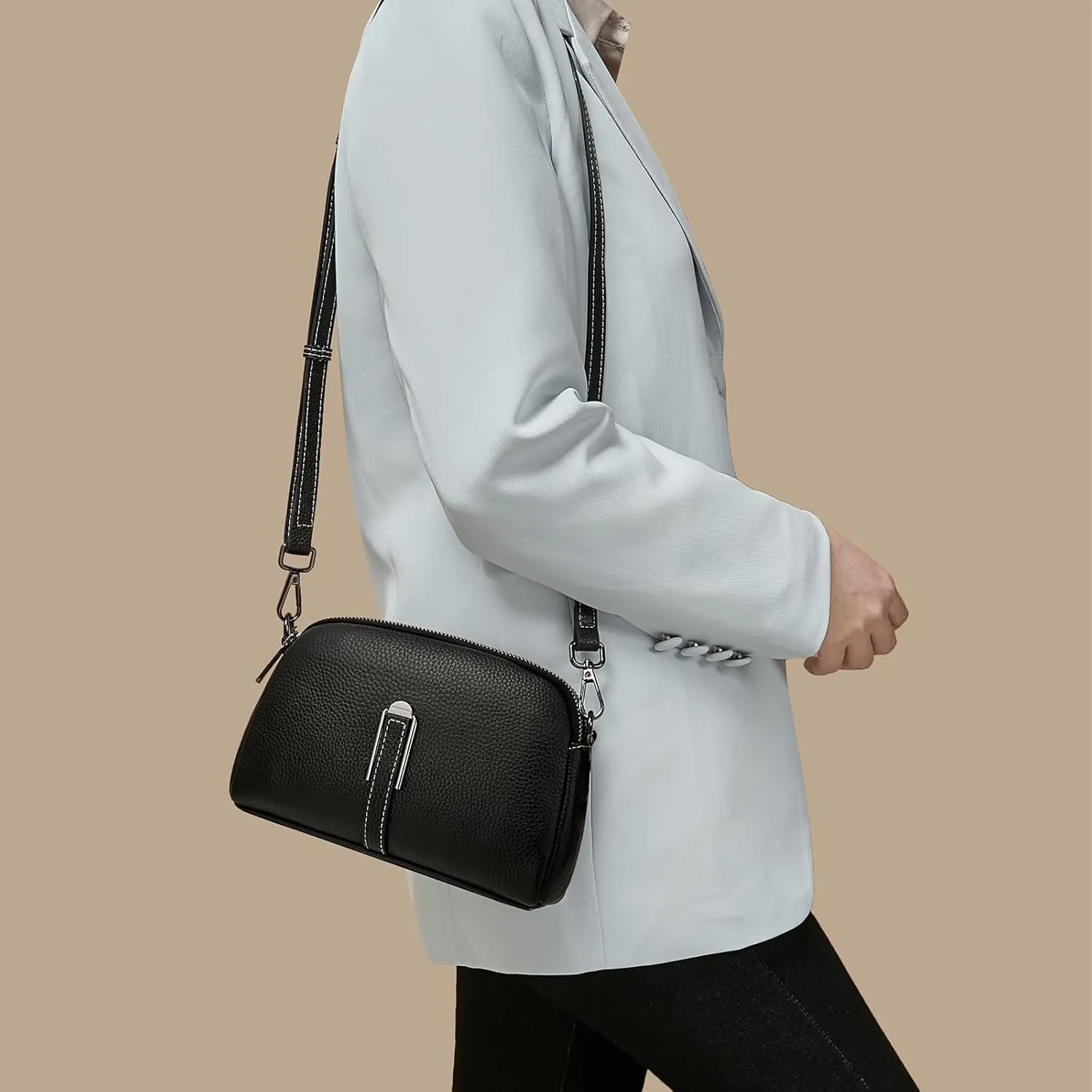FOXLOVER Small Crossbody Bags for Women Double Zip Cell Phone Leather Handbag with Ajustable Shoulder Strap