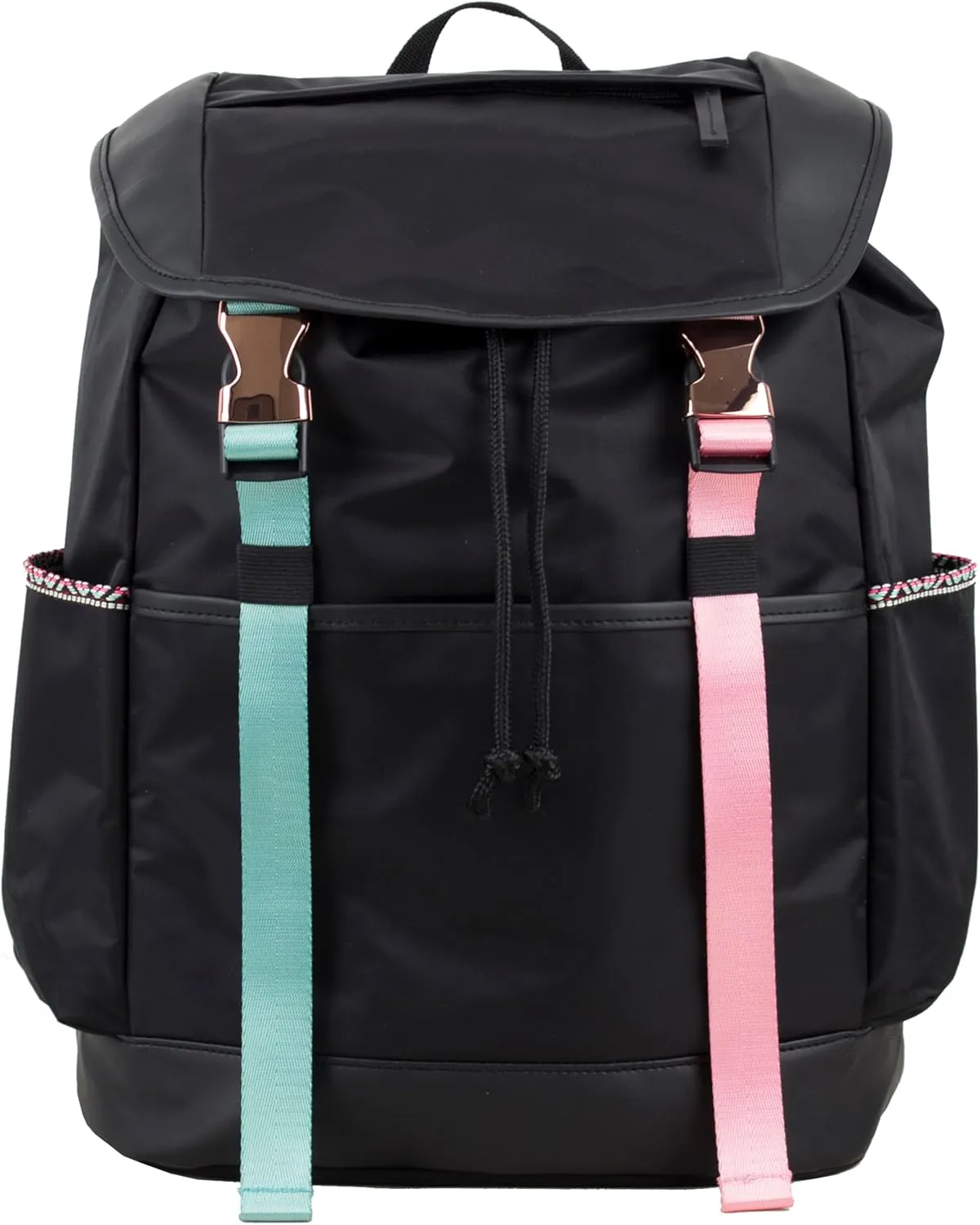 FUEL Drawstring Water Resistant Multi-Pocket Travel Backpack Daypack Everyday Bag With Double Metal Buckle Closure (Black Aztec Trim)