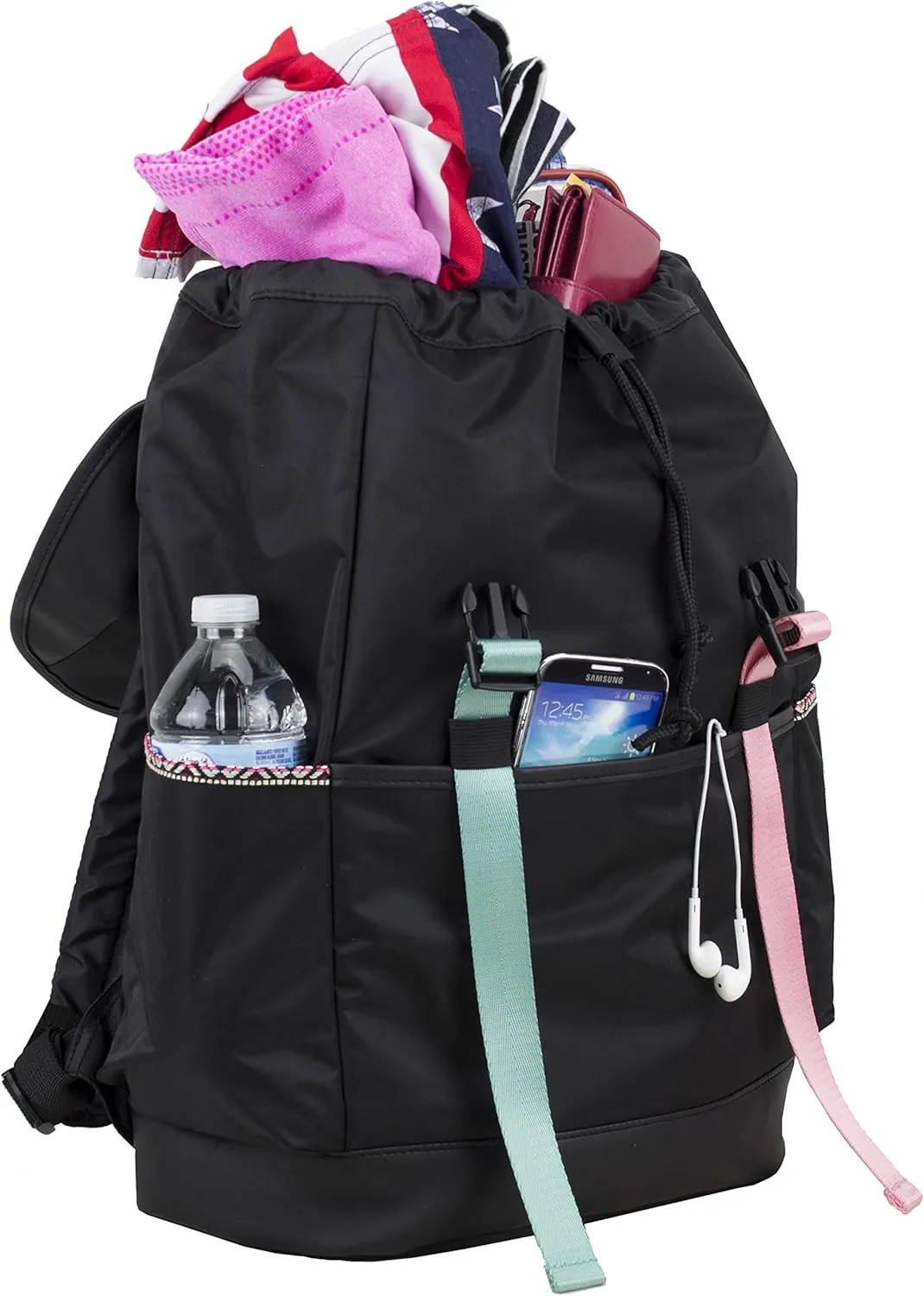 FUEL Drawstring Water Resistant Multi-Pocket Travel Backpack Daypack Everyday Bag With Double Metal Buckle Closure (Black Aztec Trim)
