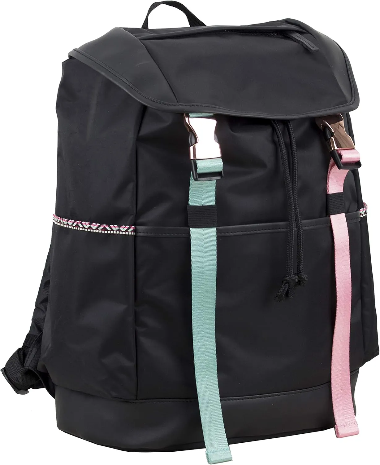 FUEL Drawstring Water Resistant Multi-Pocket Travel Backpack Daypack Everyday Bag With Double Metal Buckle Closure (Black Aztec Trim)
