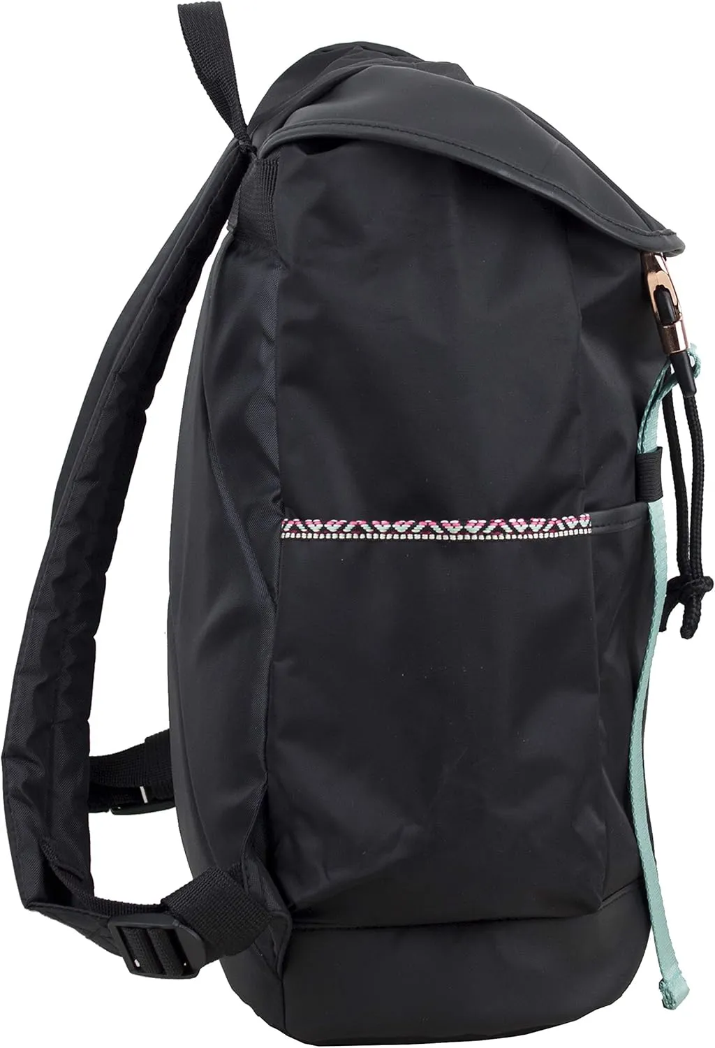 FUEL Drawstring Water Resistant Multi-Pocket Travel Backpack Daypack Everyday Bag With Double Metal Buckle Closure (Black Aztec Trim)