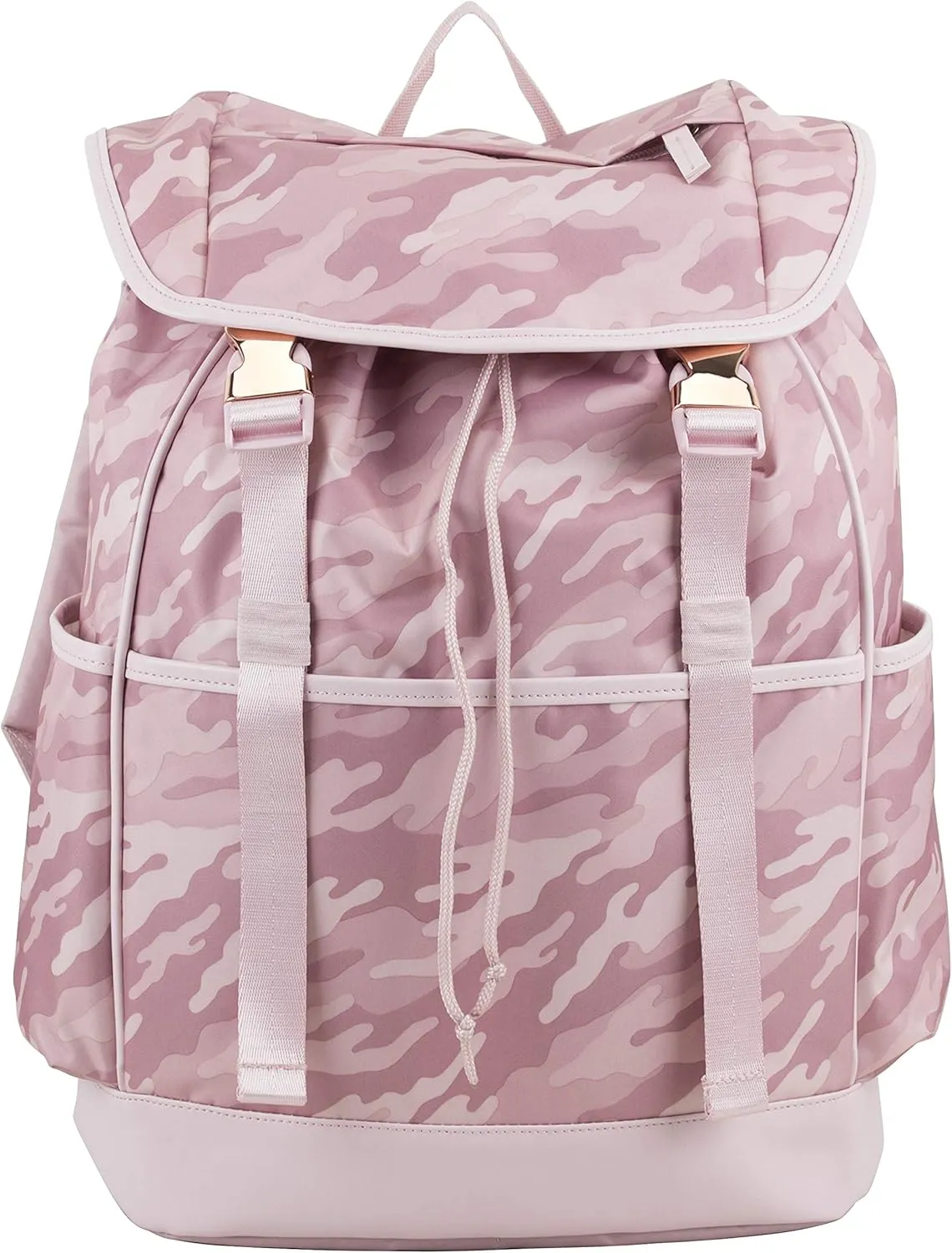 FUEL Drawstring Water Resistant Multi-Pocket Travel Backpack Daypack Everyday Bag With Double Metal Buckle Closure, Pink Camo/Rose Gold