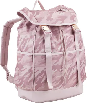 FUEL Drawstring Water Resistant Multi-Pocket Travel Backpack Daypack Everyday Bag With Double Metal Buckle Closure, Pink Camo/Rose Gold