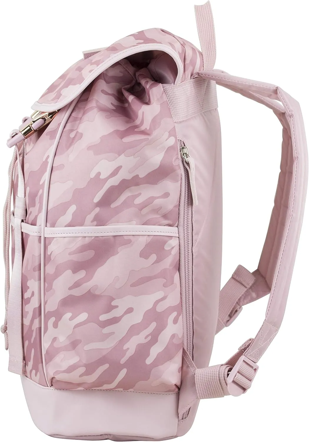 FUEL Drawstring Water Resistant Multi-Pocket Travel Backpack Daypack Everyday Bag With Double Metal Buckle Closure, Pink Camo/Rose Gold