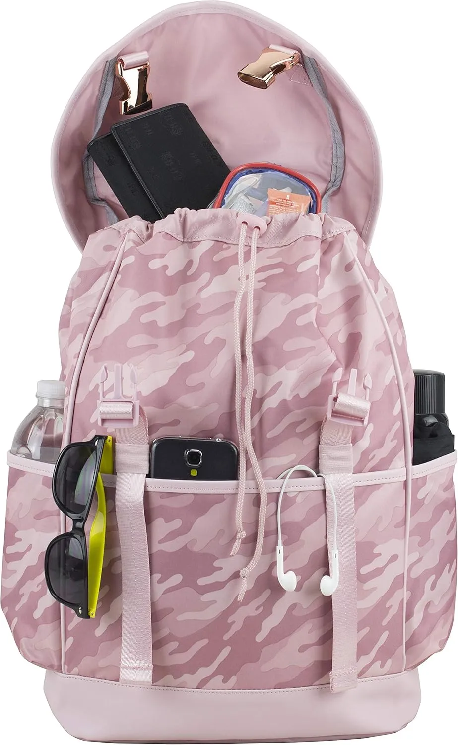 FUEL Drawstring Water Resistant Multi-Pocket Travel Backpack Daypack Everyday Bag With Double Metal Buckle Closure, Pink Camo/Rose Gold