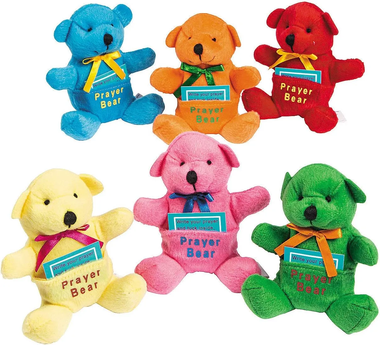 Fun Express 4 1/2" Brightly Colored Prayer Stuffed Bears with Prayer Card - 12 Bears - Great for Easter, Sunday School and VBS Bible School