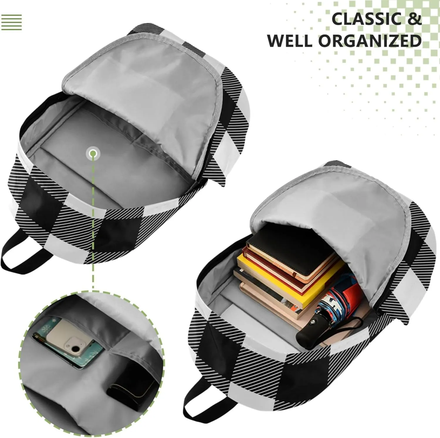 Funny Cute Backpacks for Women Casual Bookpack Black White Plaid Bookbag Backpack for School