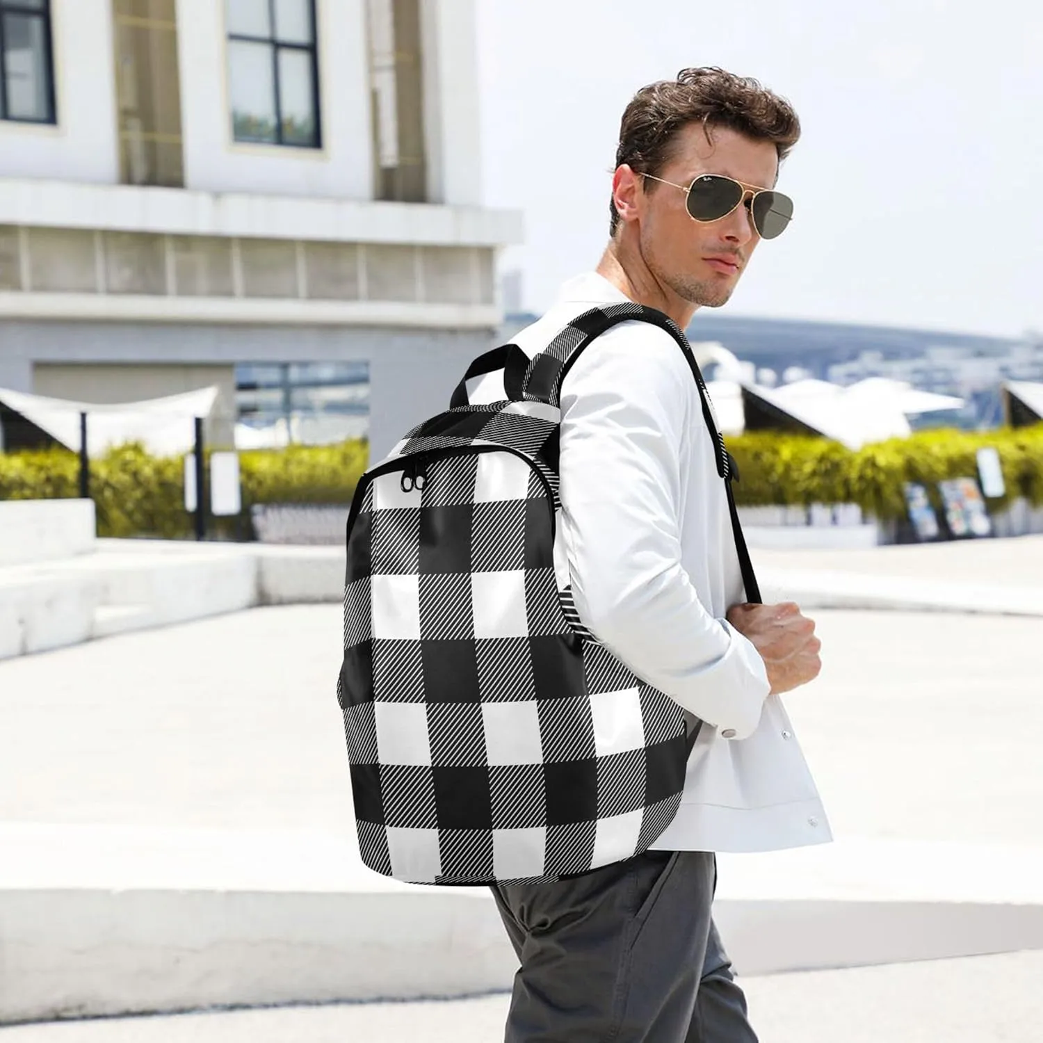 Funny Cute Backpacks for Women Casual Bookpack Black White Plaid Bookbag Backpack for School