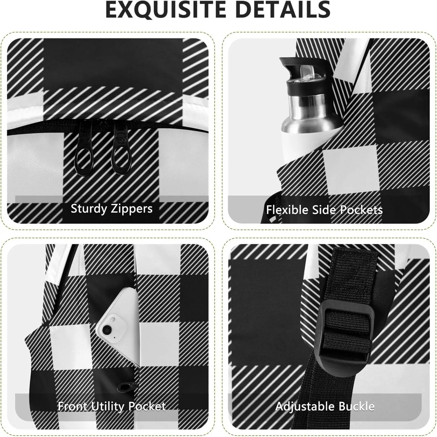 Funny Cute Backpacks for Women Casual Bookpack Black White Plaid Bookbag Backpack for School