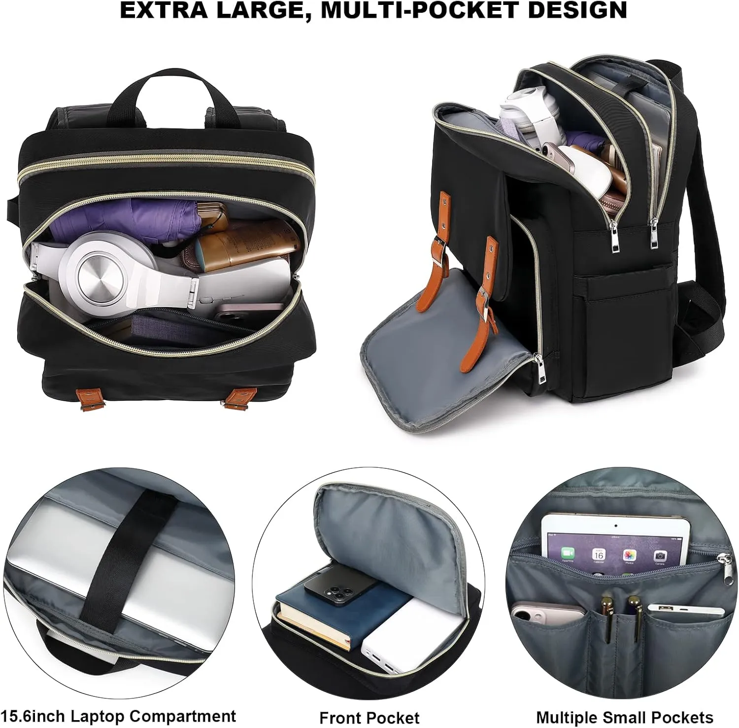 Fuyicat Laptop Backpack for Women Men Travel Business Work, Girls Boys School Backpack College Bookbag Fit 15.6 Inch Notebook (Black)