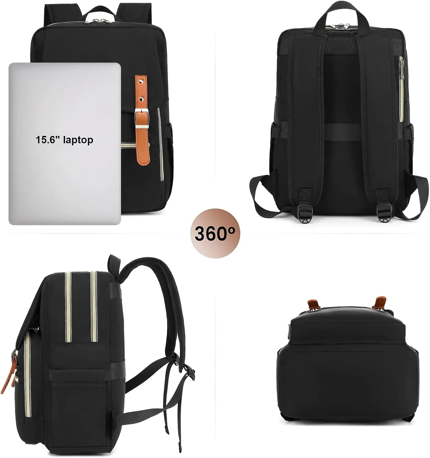 Fuyicat Laptop Backpack for Women Men Travel Business Work, Girls Boys School Backpack College Bookbag Fit 15.6 Inch Notebook (Black)