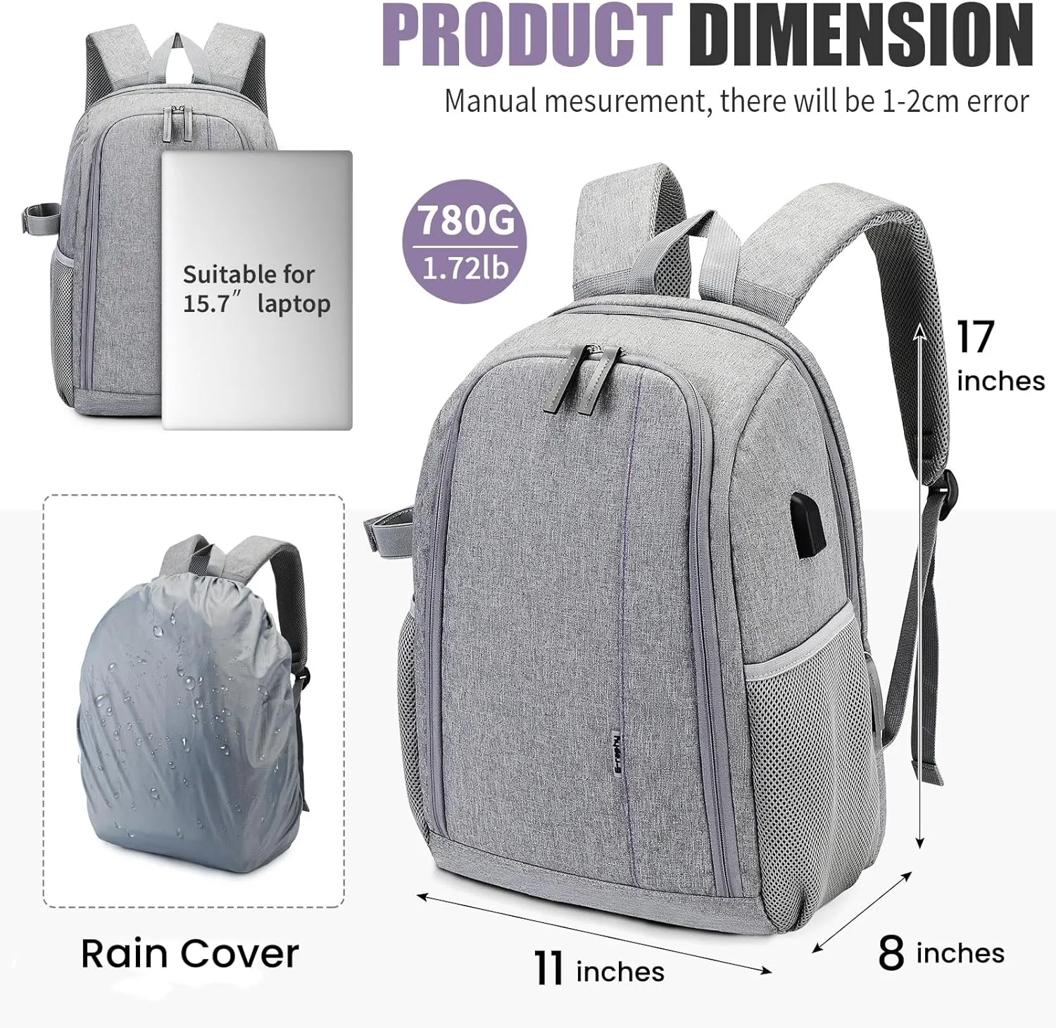 G-raphy Camera Bag Backpack with Laptop Compartment Photography Camera Accessories Large 17"x 11"x 8" with Tripod Holder for DSLR SLR Cameras,Lenses and other Accessories Women Men (Purple with USB)