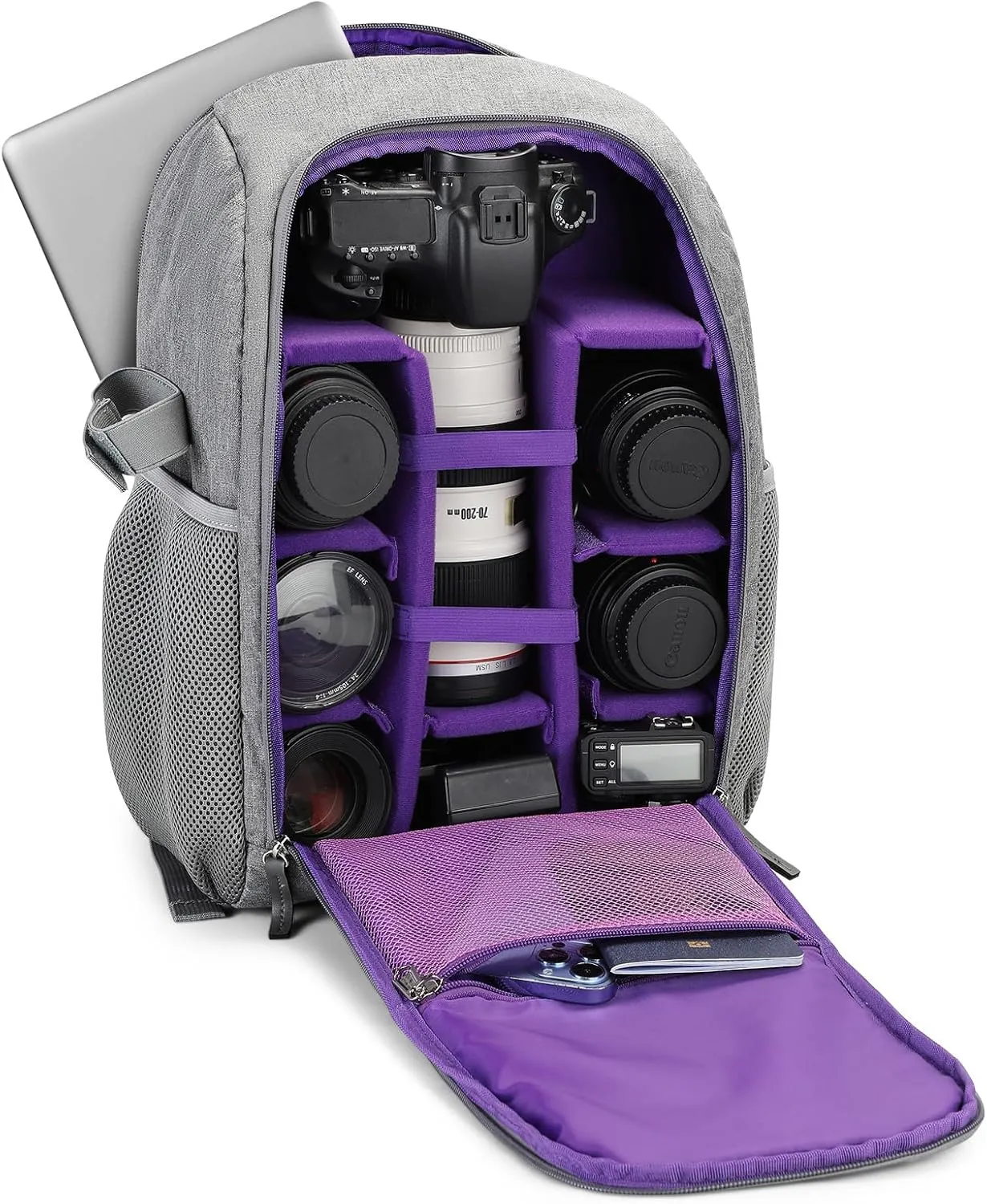 G-raphy Camera Bag Backpack with Laptop Compartment Photography Camera Accessories Large 17"x 11"x 8" with Tripod Holder for DSLR SLR Cameras,Lenses and other Accessories Women Men (Purple with USB)