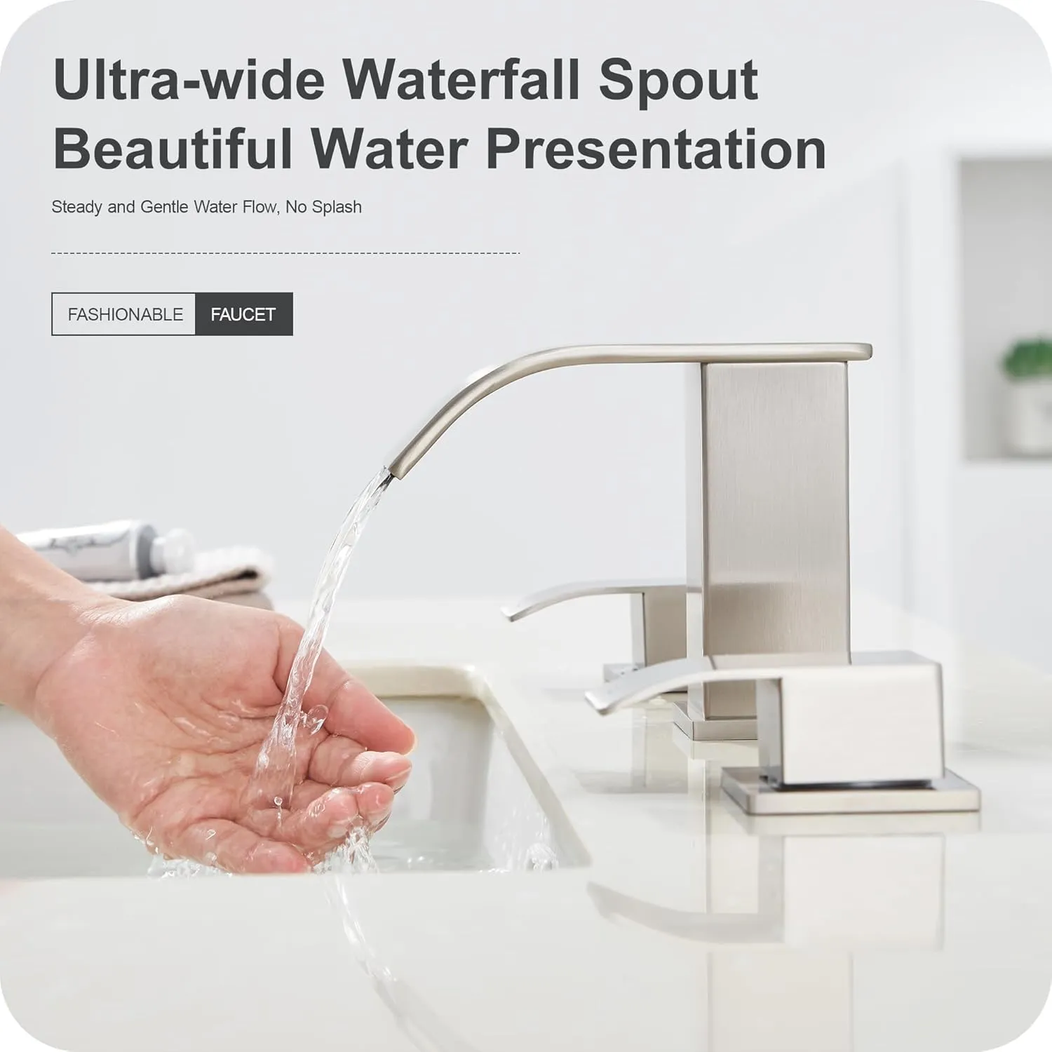 GAGALIFE 8 Inch Waterfall Bathroom Faucets 3 Hole - Brushed Nickel Widespread Bathroom Faucet with Pop-up Drain, Two Handles Bathroom Sink Faucet, Modern Vanity Sink faucets with Supply Lines