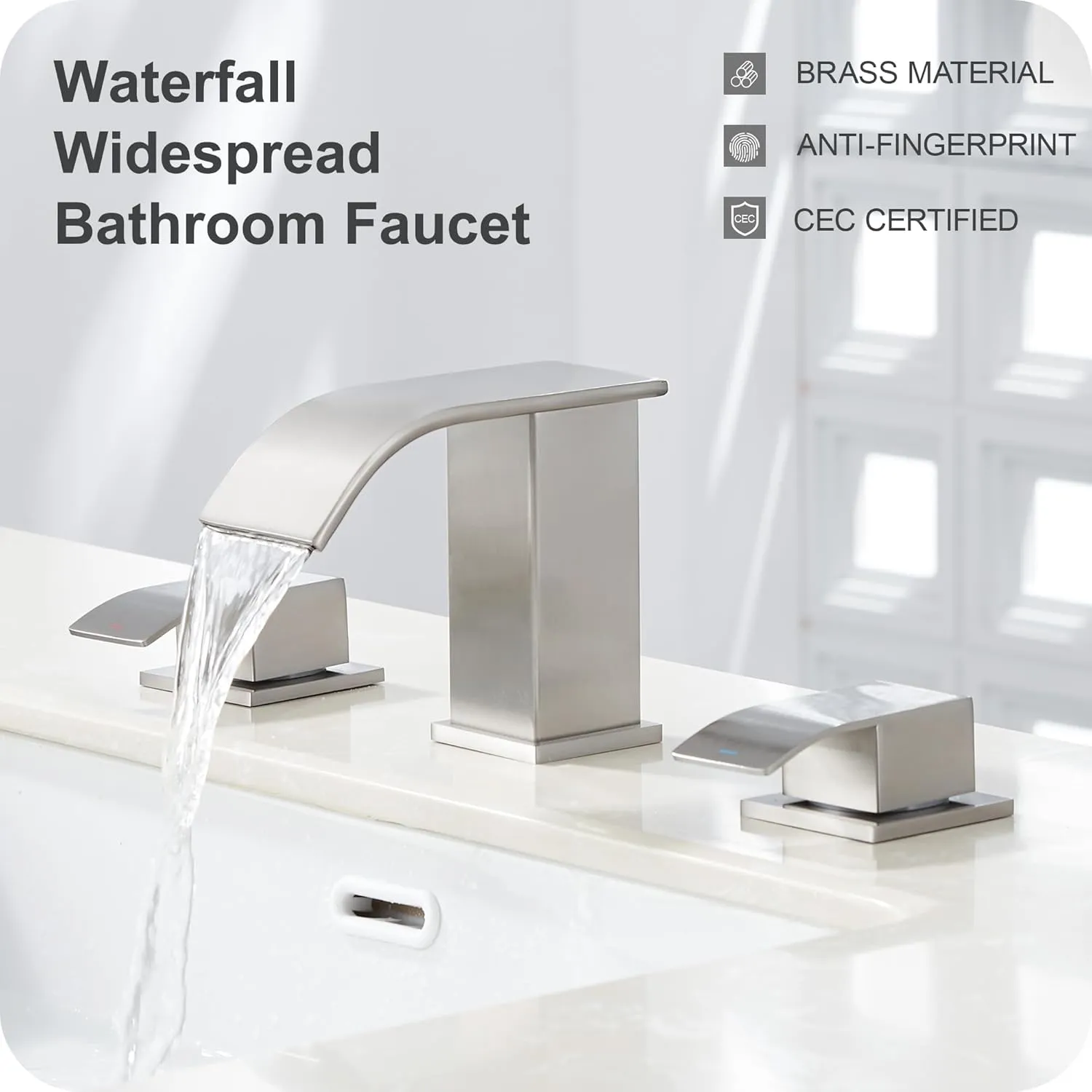 GAGALIFE 8 Inch Waterfall Bathroom Faucets 3 Hole - Brushed Nickel Widespread Bathroom Faucet with Pop-up Drain, Two Handles Bathroom Sink Faucet, Modern Vanity Sink faucets with Supply Lines