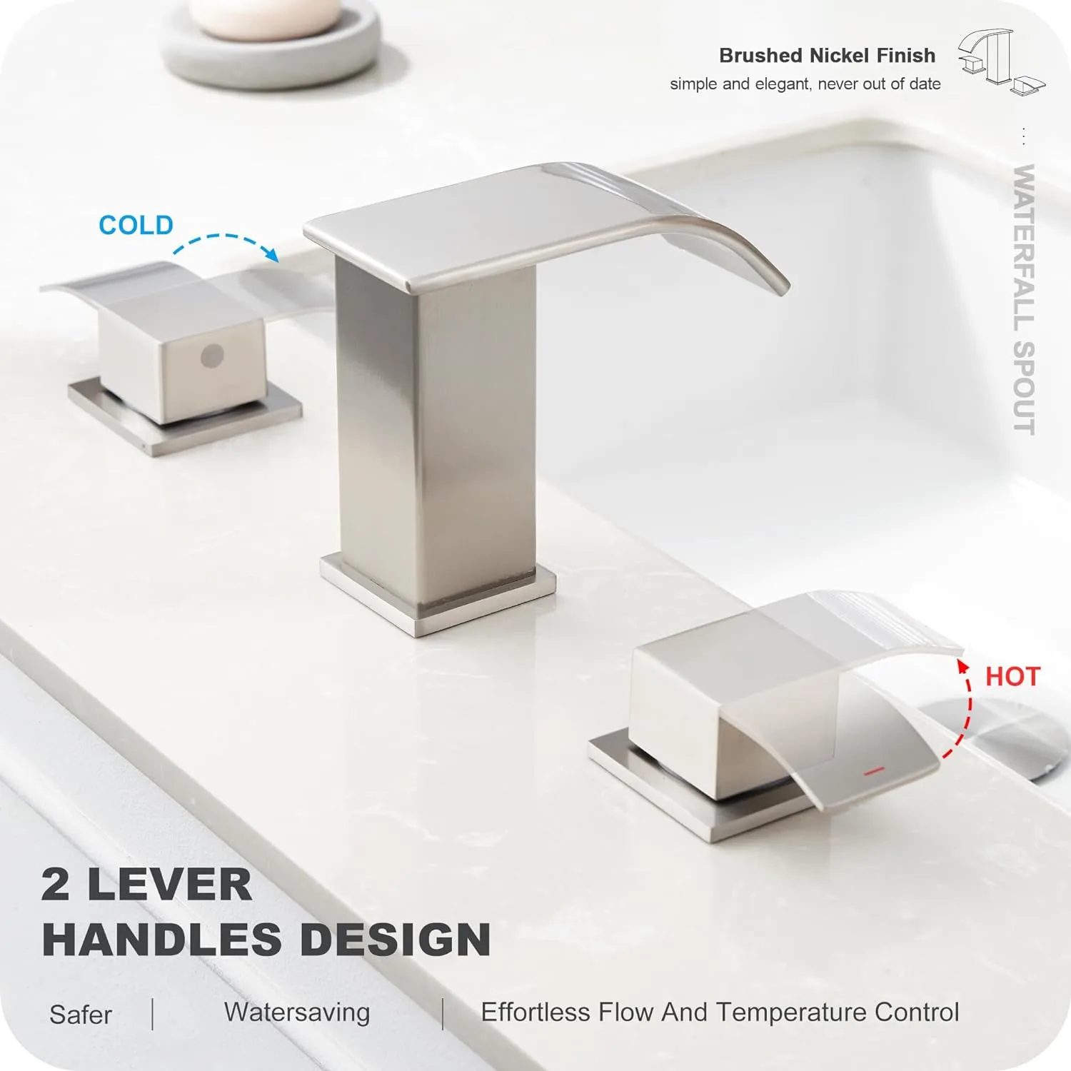 GAGALIFE 8 Inch Waterfall Bathroom Faucets 3 Hole - Brushed Nickel Widespread Bathroom Faucet with Pop-up Drain, Two Handles Bathroom Sink Faucet, Modern Vanity Sink faucets with Supply Lines