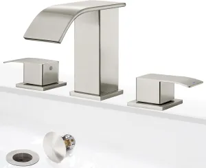 GAGALIFE 8 Inch Waterfall Bathroom Faucets 3 Hole - Brushed Nickel Widespread Bathroom Faucet with Pop-up Drain, Two Handles Bathroom Sink Faucet, Modern Vanity Sink faucets with Supply Lines